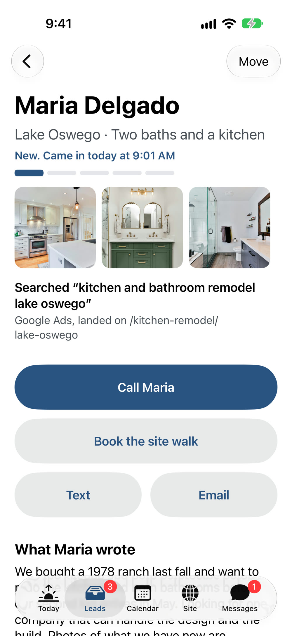 A lead, with the call and text buttons