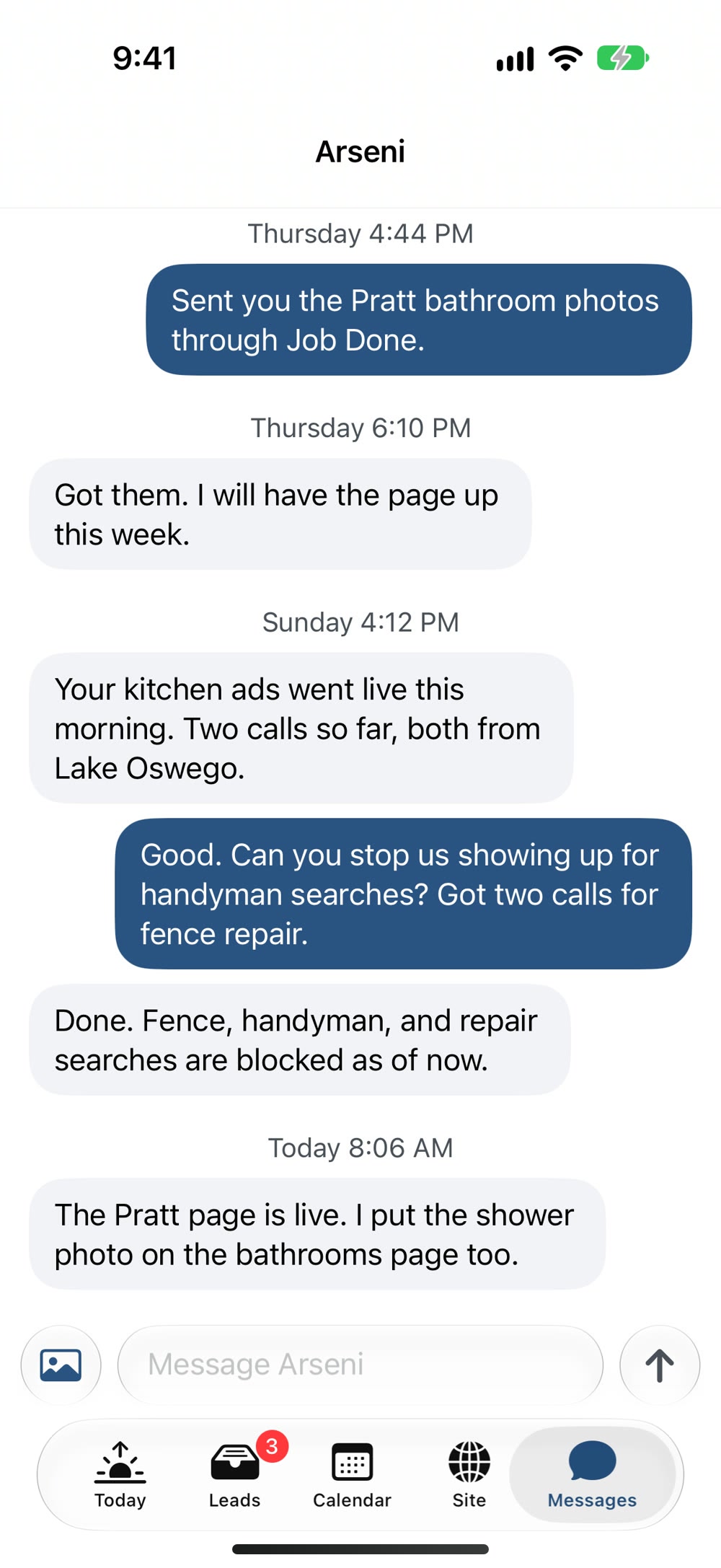 The Messages tab: a thread with Arseni