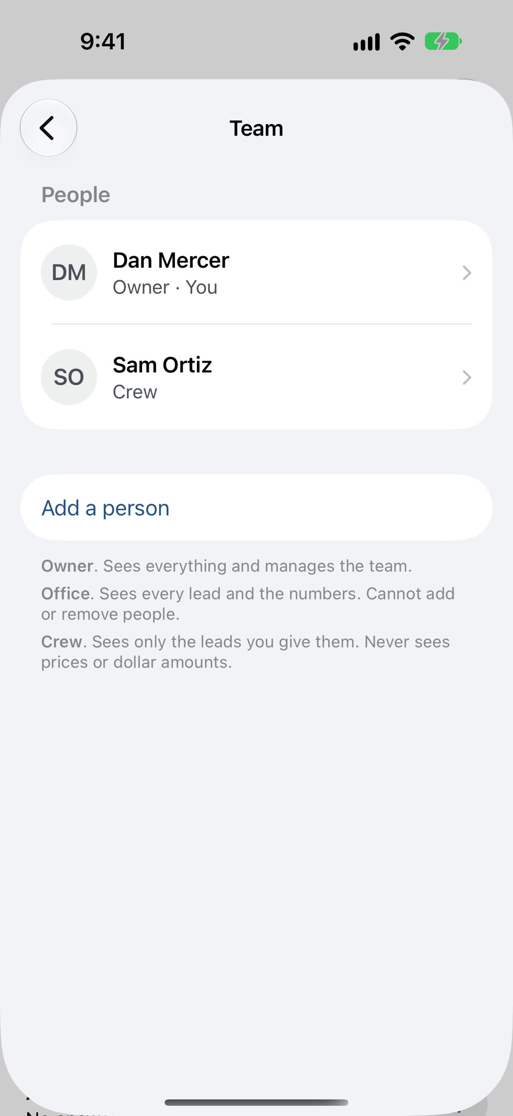The Team screen, with the owner and a crew member