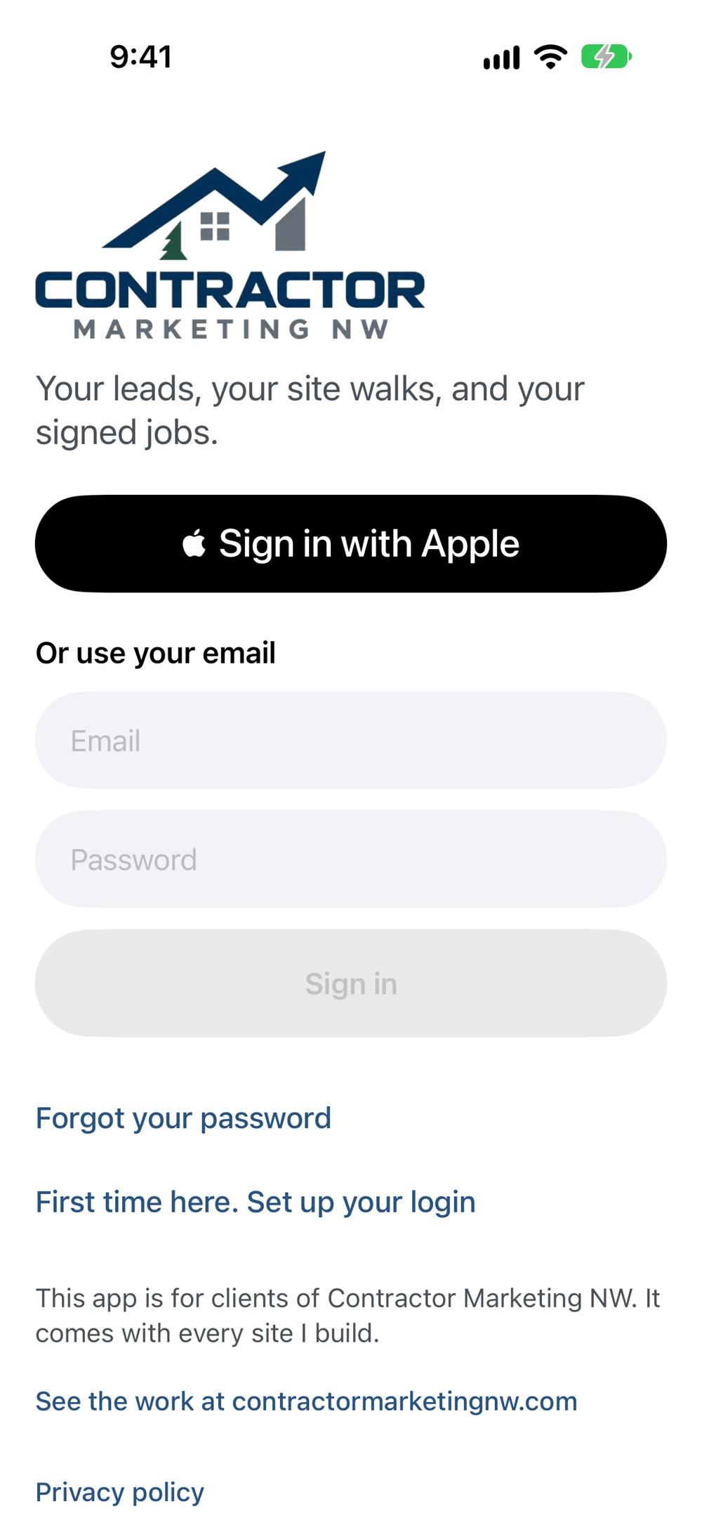 The app's first screen, with Sign in with Apple