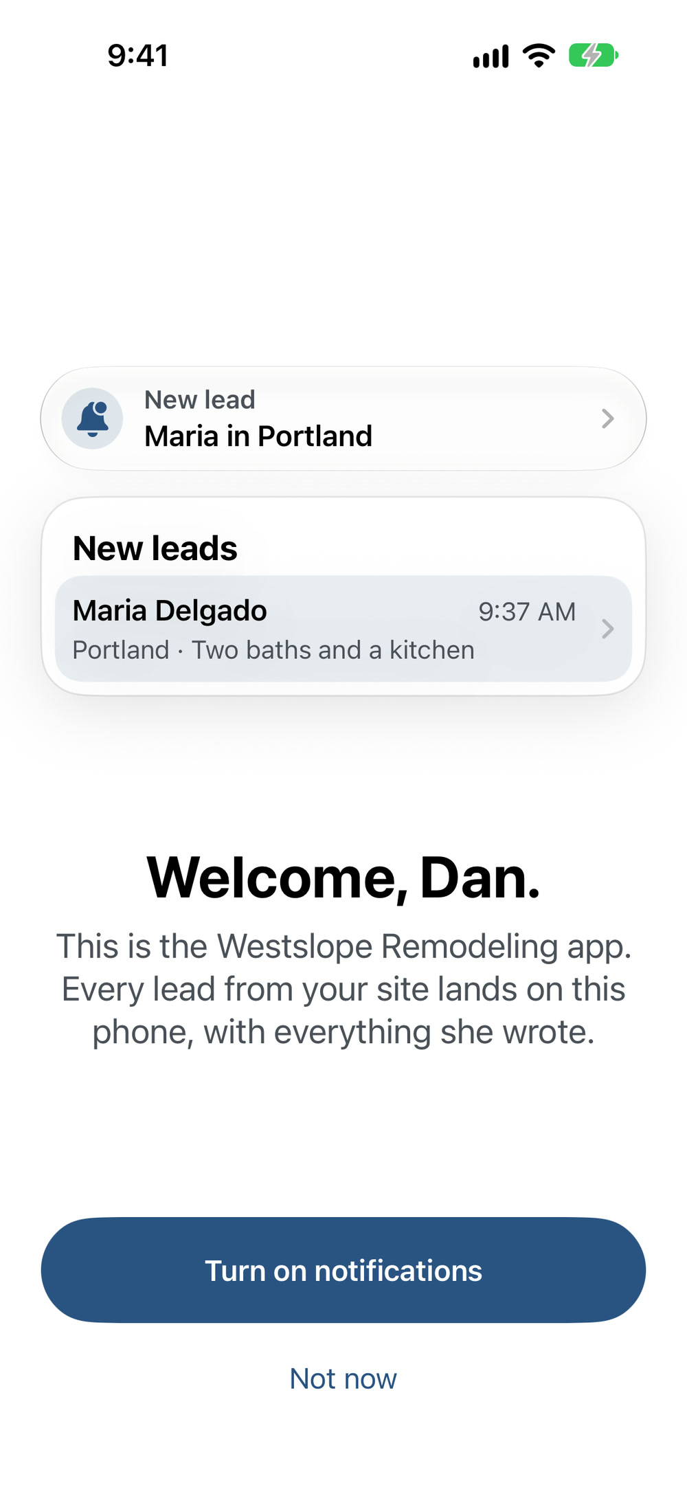 The welcome screen, asking to turn on notifications